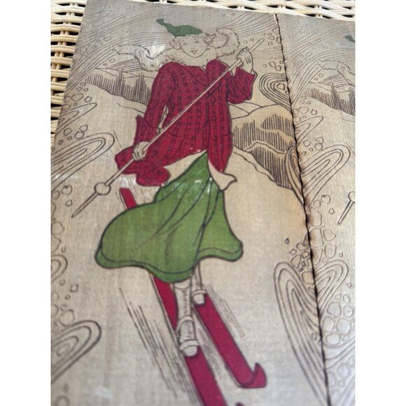 Antique 1910s Flemish Art Pyrography Hanky/Glove Box Girl Snow Skiing - Picture 13 of 14